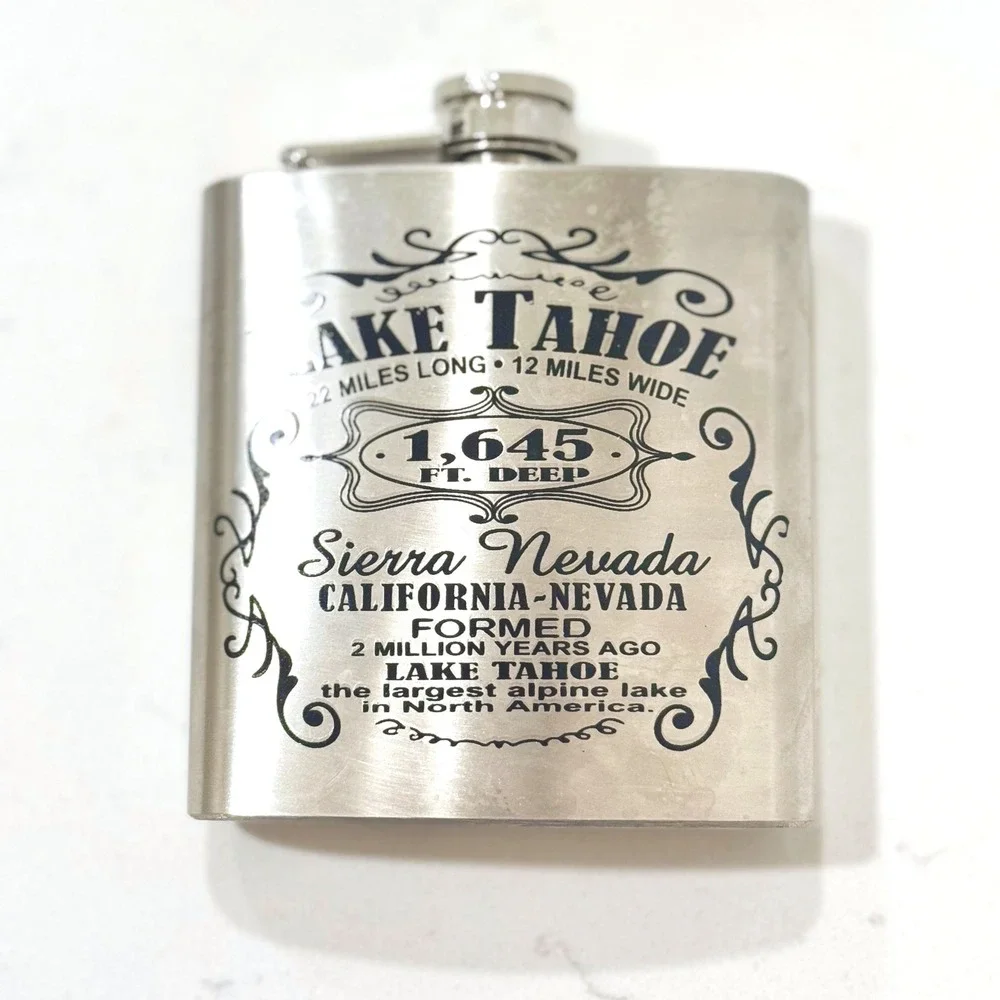 Lake Tahoe Sierra Nevada Stainless Steel 6 oz Hip Flask Silver Souvenir
